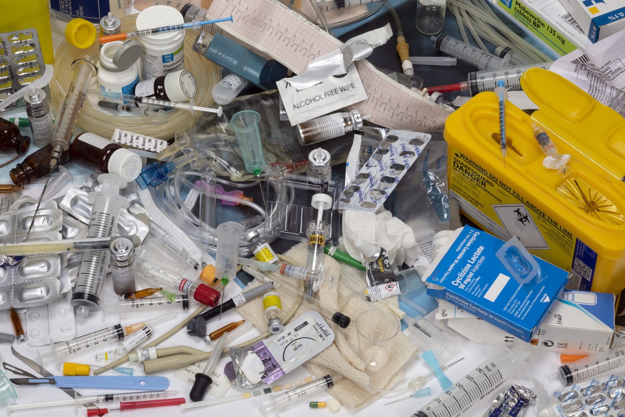 Medical Waste - Disposal of some of the many `use once` plastic, paper, cardboard, glass and metal items used in modern medicine