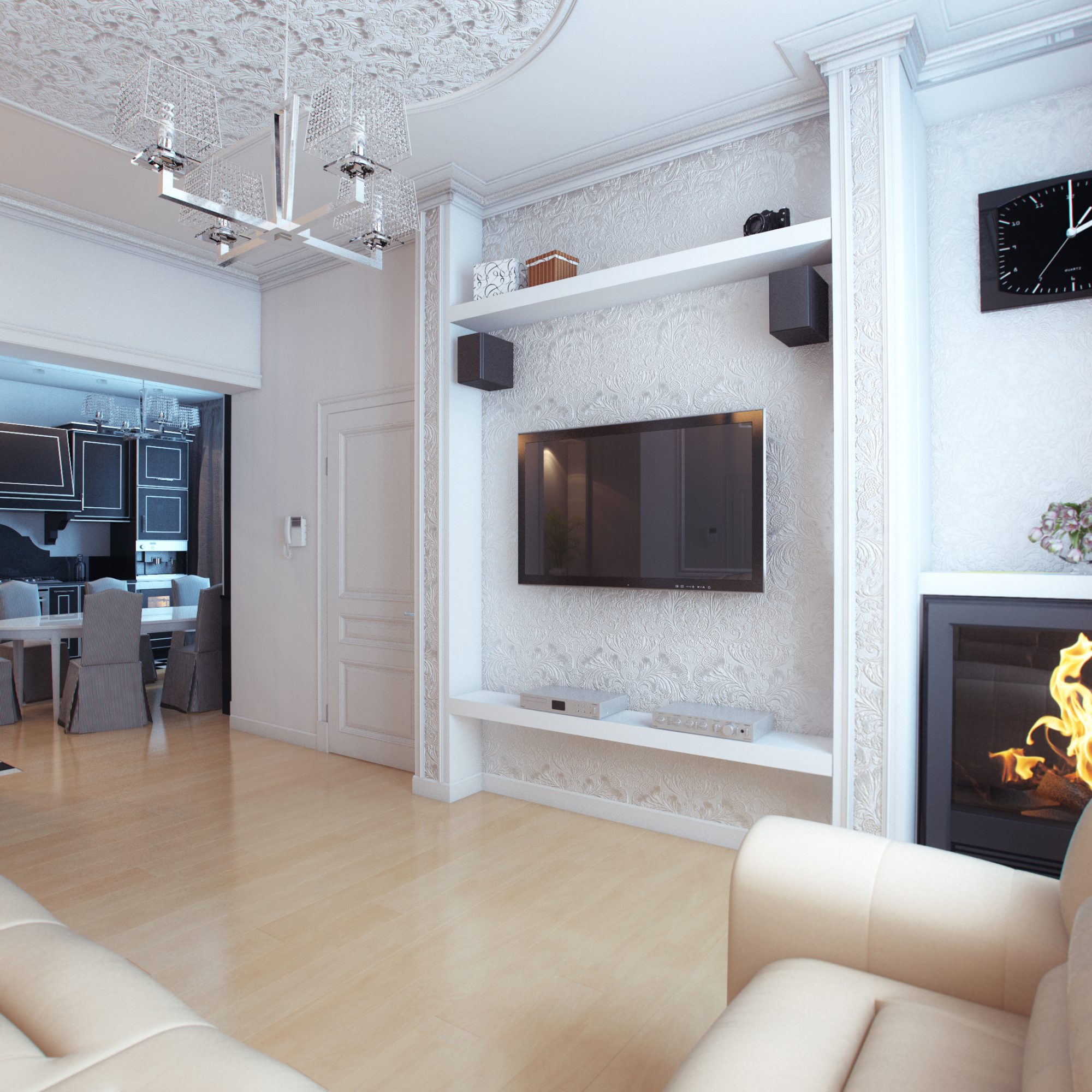 Living Room Interior Design With White Leather Sofa.